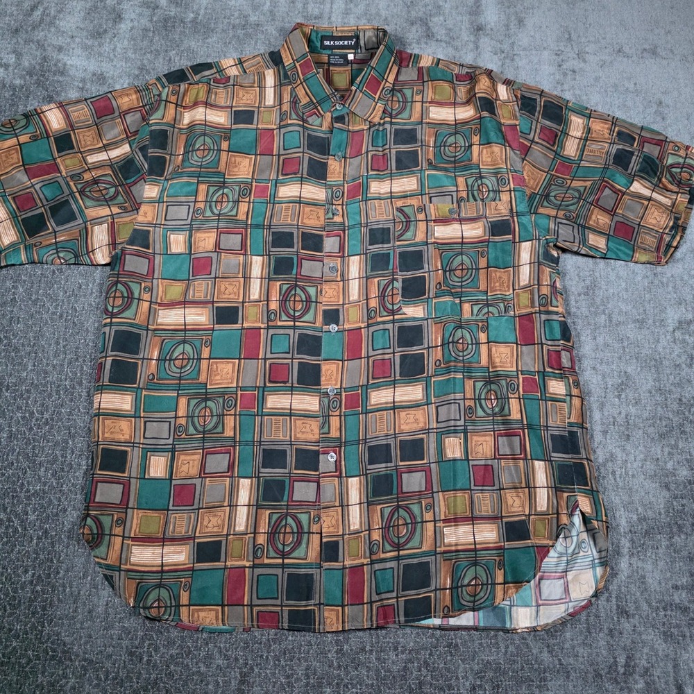 Silk Society Mens XL Short Sleeve Silk Shirt Geometric Abstract Print Multicolor